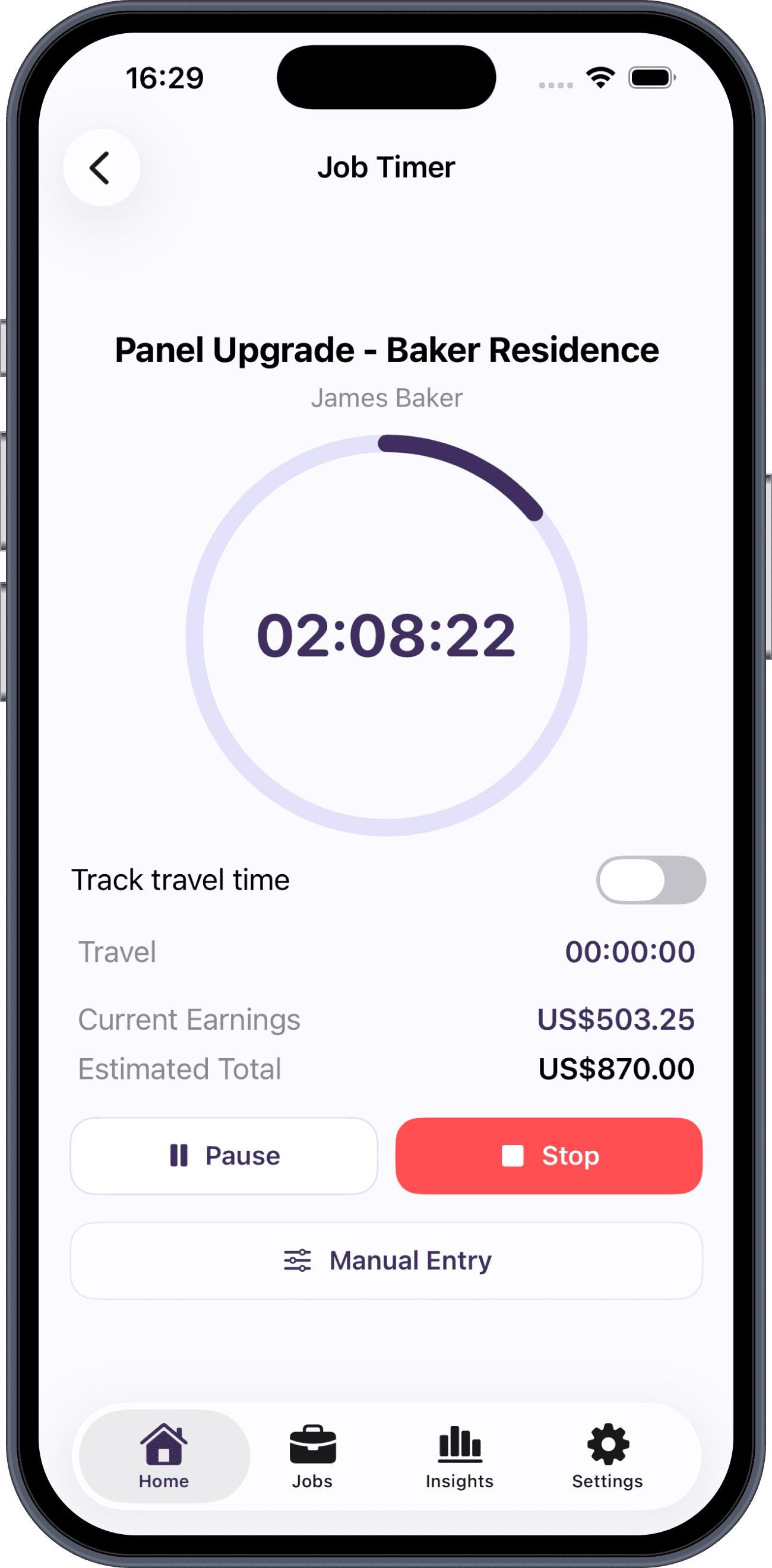 Workmate job timer view